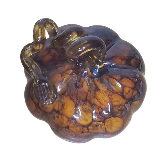 Hand Blown Glass Pumpkin Squash Brown Amber Art Glass Swirl Stem 5" x 4.5" - Picture 6 of 14